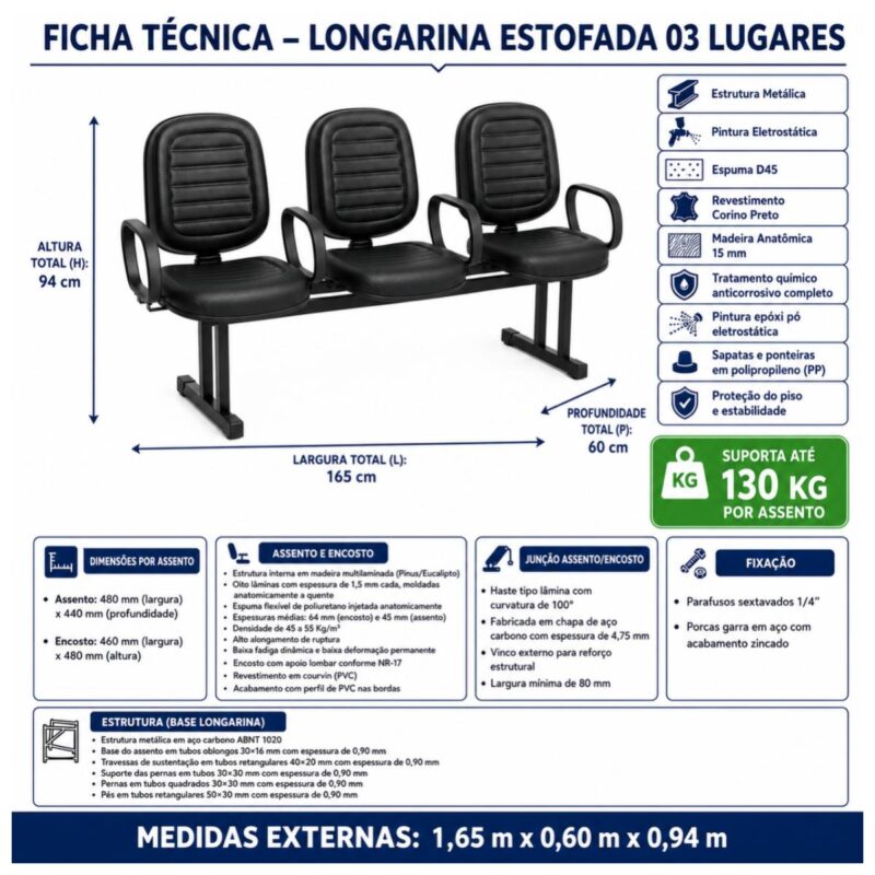 Longarina Estofada 3 Lugares para Recepção