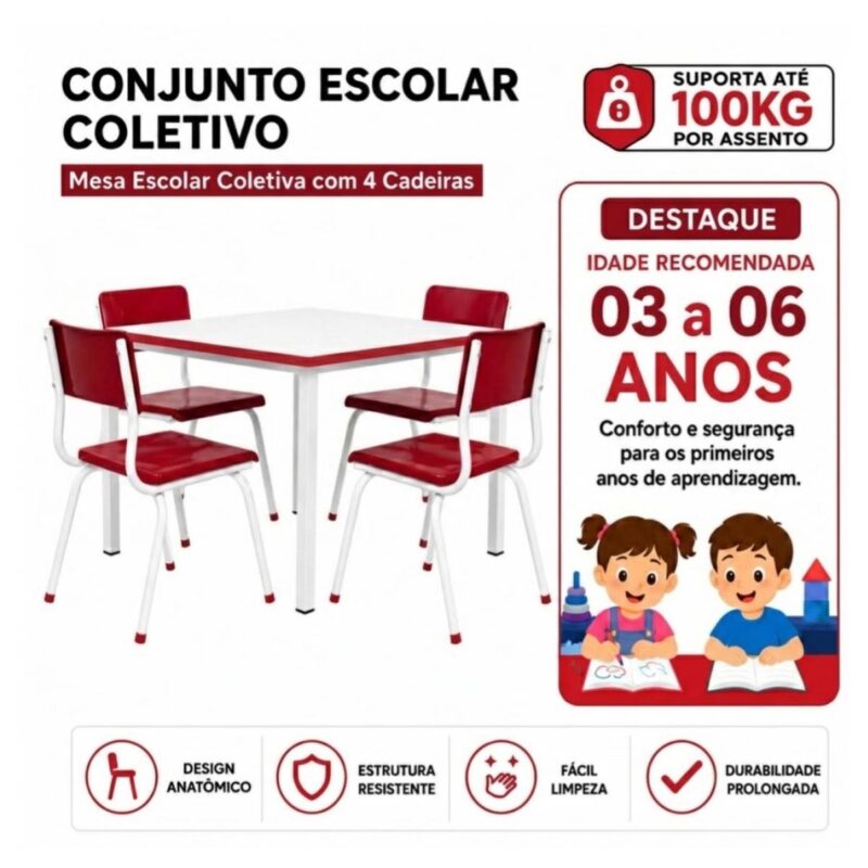 Conjunto Escolar Coletivo Infantil 4 Cadeiras 03 a 06 Anos