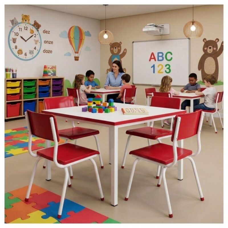 Conjunto Escolar Coletivo 6 a 10 anos com Mesa Quadrada e 4 Lugares