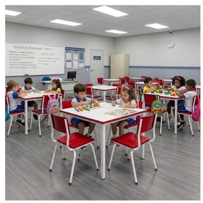 Conjunto Escolar Coletivo 6 a 10 anos com Mesa Quadrada e 4 Lugares