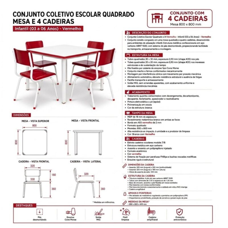 Conjunto Escolar Coletivo Infantil 4 Cadeiras 03 a 06 Anos