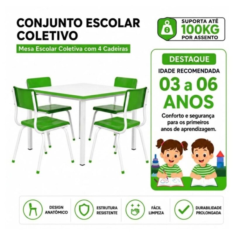 Conjunto Escolar Coletivo Infantil 4 Cadeiras 03 a 06 Anos