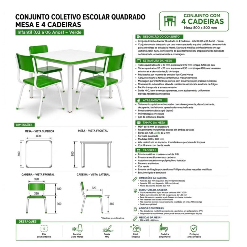 Conjunto Escolar Coletivo Infantil 4 Cadeiras 03 a 06 Anos