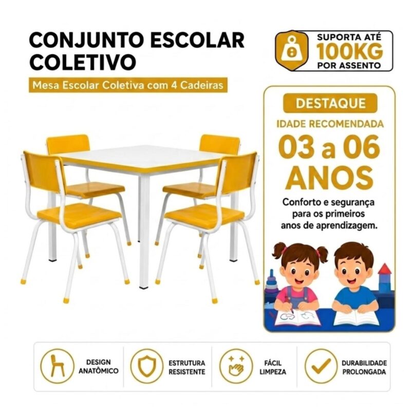 Conjunto Escolar Coletivo Infantil 4 Cadeiras 03 a 06 Anos