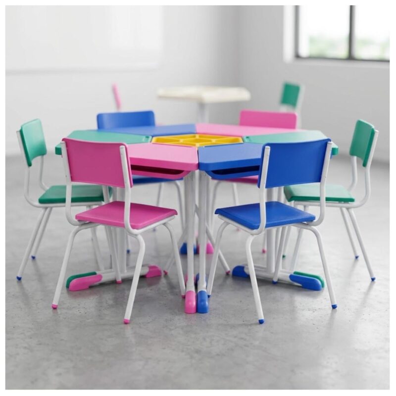 Conjunto Escolar Modular Juvenil com 6 Lugares e Mesas Trapezoidais