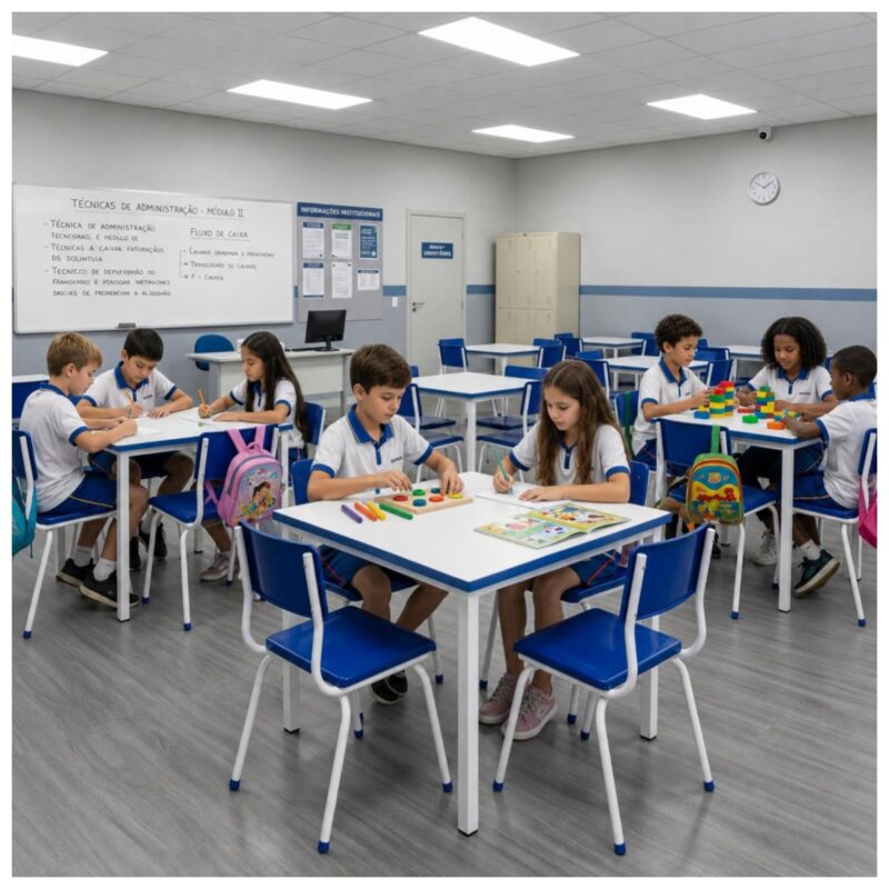 Conjunto Escolar Coletivo 6 a 10 anos com Mesa Quadrada e 4 Lugares