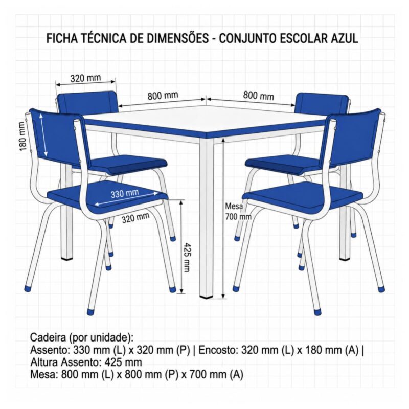 Conjunto Escolar Coletivo 6 a 10 anos com Mesa Quadrada e 4 Lugares