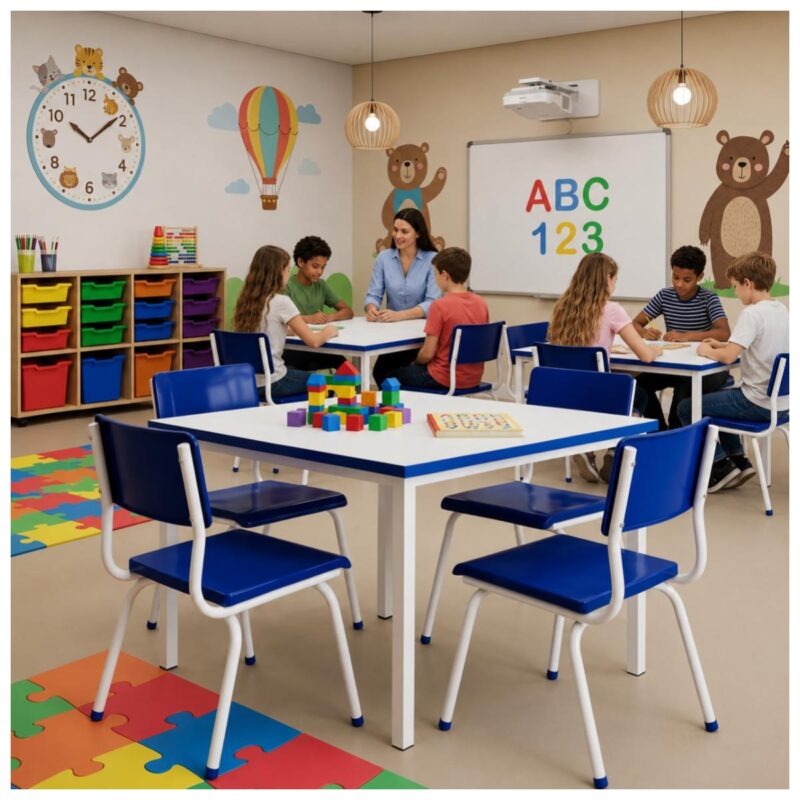 Conjunto Escolar Coletivo 6 a 10 anos com Mesa Quadrada e 4 Lugares