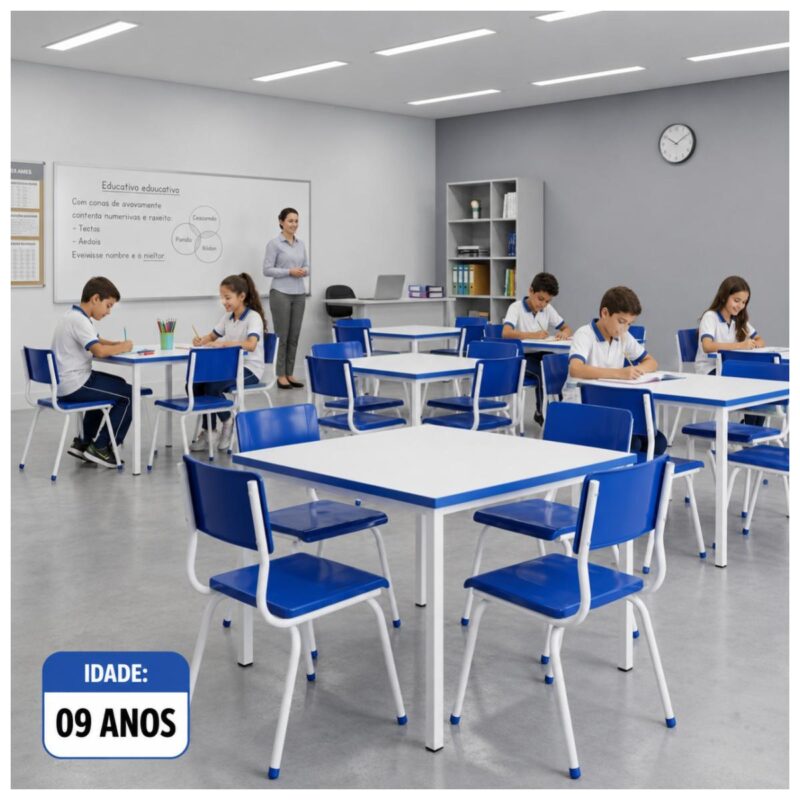 Conjunto Escolar Coletivo 6 a 10 anos com Mesa Quadrada e 4 Lugares