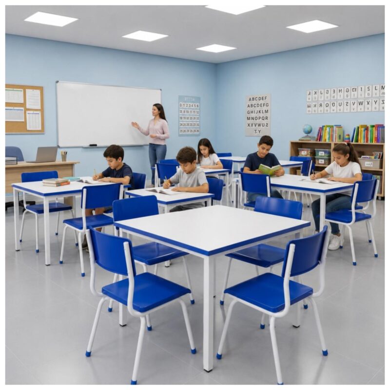 Conjunto Escolar Coletivo 6 a 10 anos com Mesa Quadrada e 4 Lugares