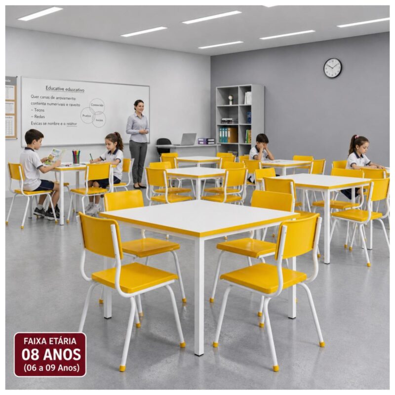 Conjunto Escolar Coletivo 6 a 10 anos com Mesa Quadrada e 4 Lugares