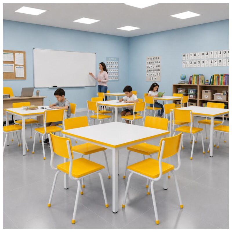 Conjunto Escolar Coletivo 6 a 10 anos com Mesa Quadrada e 4 Lugares