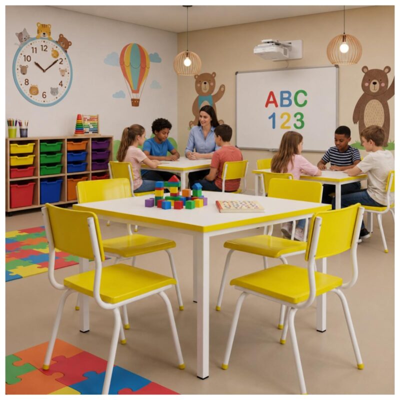 Conjunto Escolar Coletivo 6 a 10 anos com Mesa Quadrada e 4 Lugares