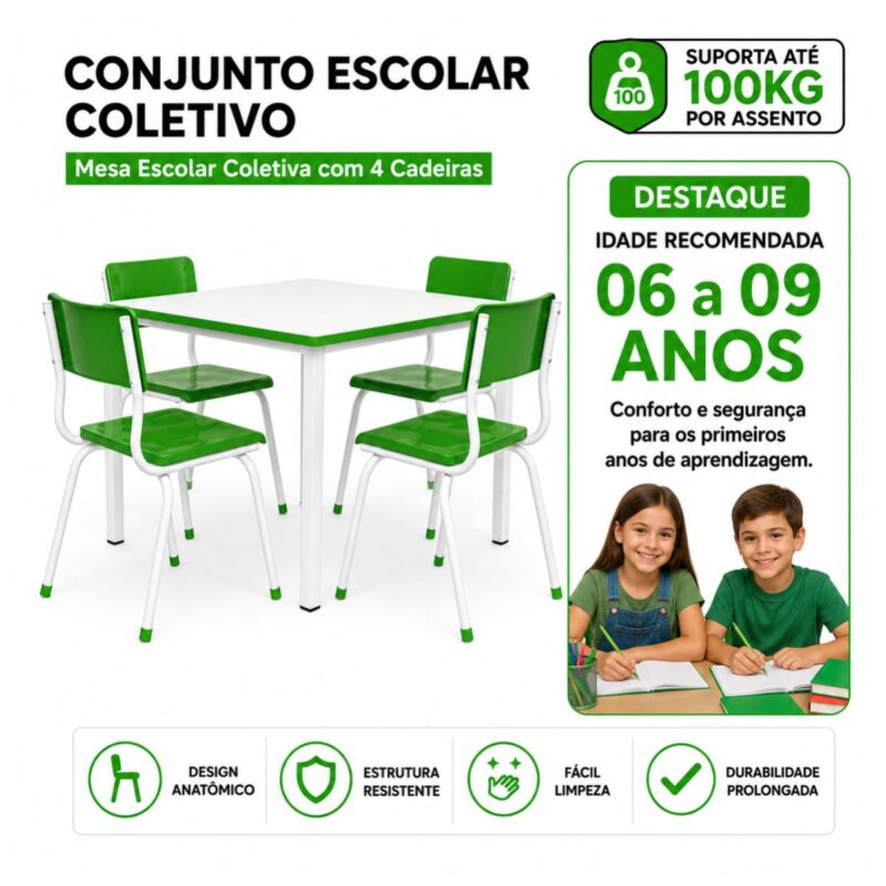 Conjunto Escolar Coletivo 6 a 10 anos com Mesa Quadrada e 4 Lugares