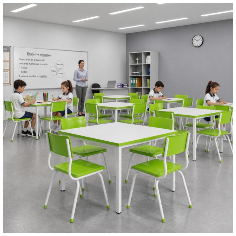 Conjunto Escolar Coletivo 6 a 10 anos com Mesa Quadrada e 4 Lugares