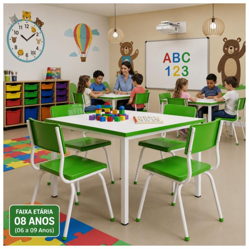 Conjunto Escolar Coletivo 6 a 10 anos com Mesa Quadrada e 4 Lugares