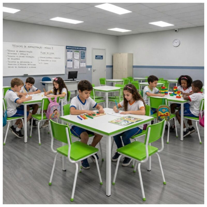 Conjunto Escolar Coletivo 6 a 10 anos com Mesa Quadrada e 4 Lugares