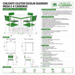 Conjunto Escolar Coletivo 6 a 10 anos com Mesa Quadrada e 4 Lugares