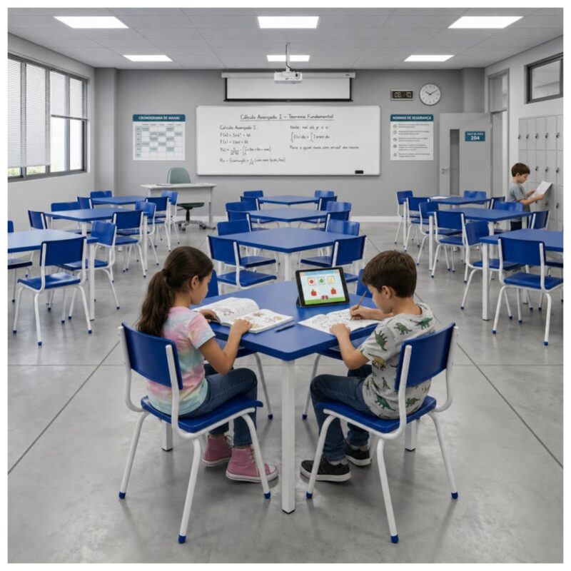 Conjunto Escolar Coletivo 6 a 10 anos com Mesa Quadrada e 4 Lugares