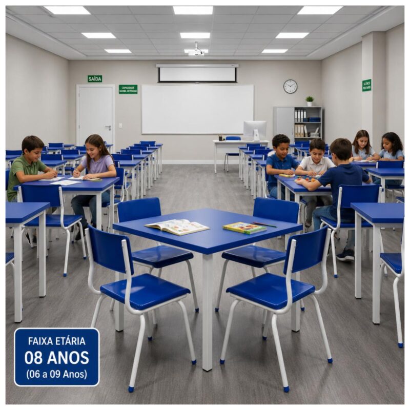 Conjunto Escolar Coletivo 6 a 10 anos com Mesa Quadrada e 4 Lugares
