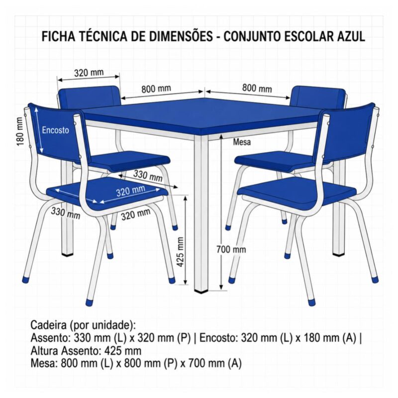 Conjunto Escolar Coletivo 6 a 10 anos com Mesa Quadrada e 4 Lugares