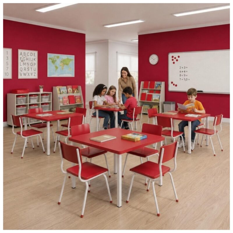 Conjunto Escolar Coletivo 6 a 10 anos com Mesa Quadrada e 4 Lugares