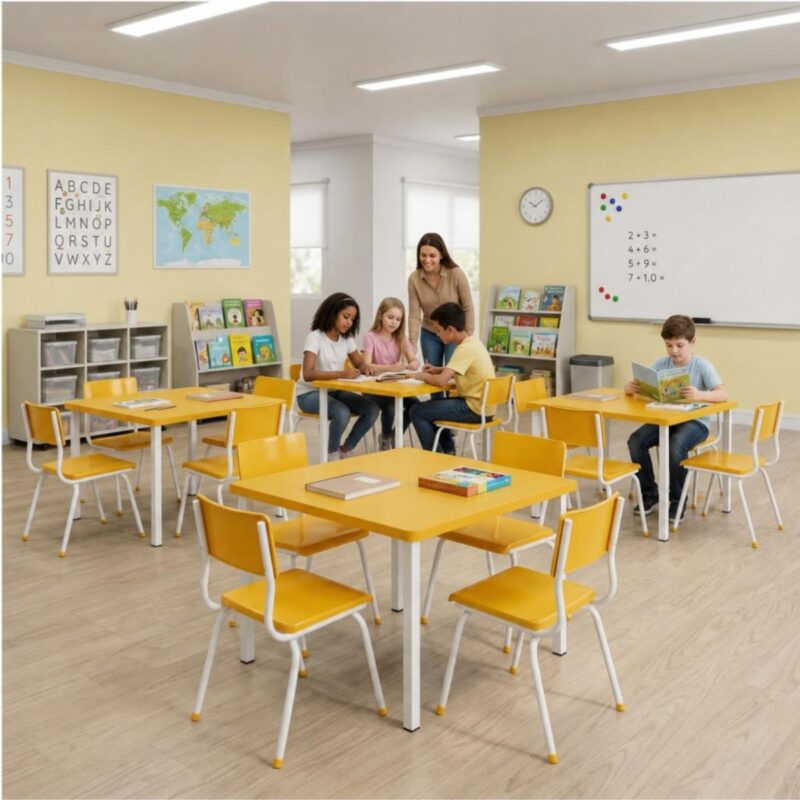 Conjunto Escolar Coletivo 6 a 10 anos com Mesa Quadrada e 4 Lugares