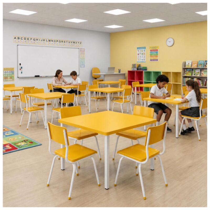 Conjunto Escolar Coletivo 6 a 10 anos com Mesa Quadrada e 4 Lugares