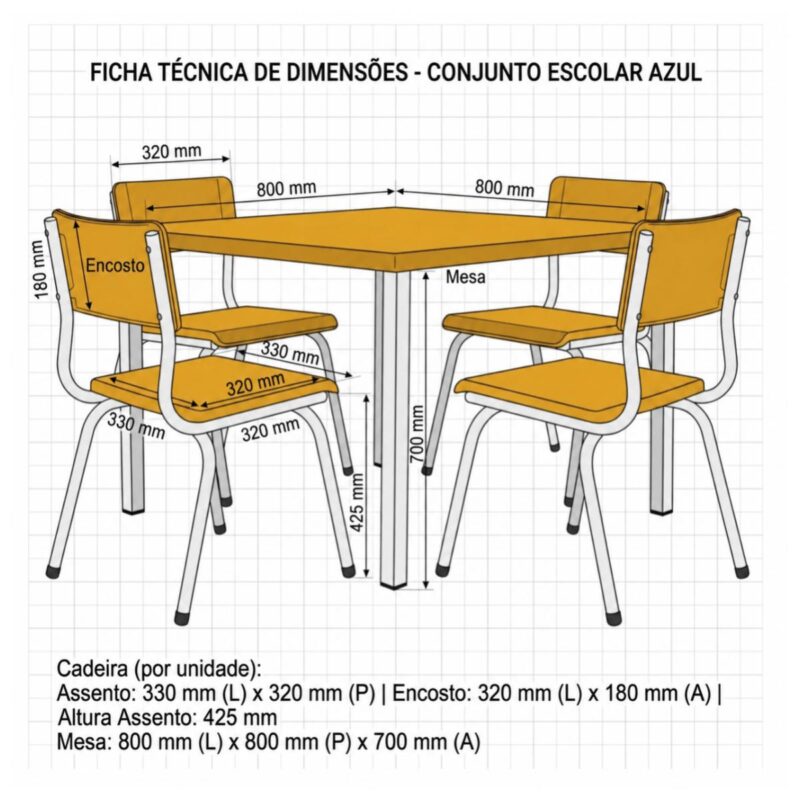 Conjunto Escolar Coletivo 6 a 10 anos com Mesa Quadrada e 4 Lugares