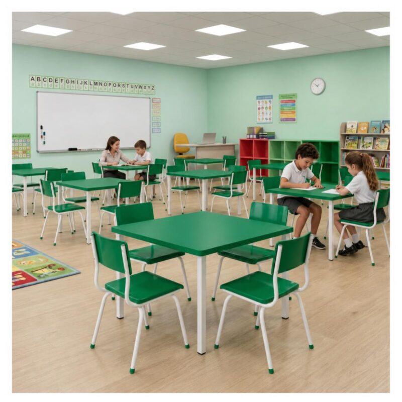 Conjunto Escolar Coletivo 6 a 10 anos com Mesa Quadrada e 4 Lugares
