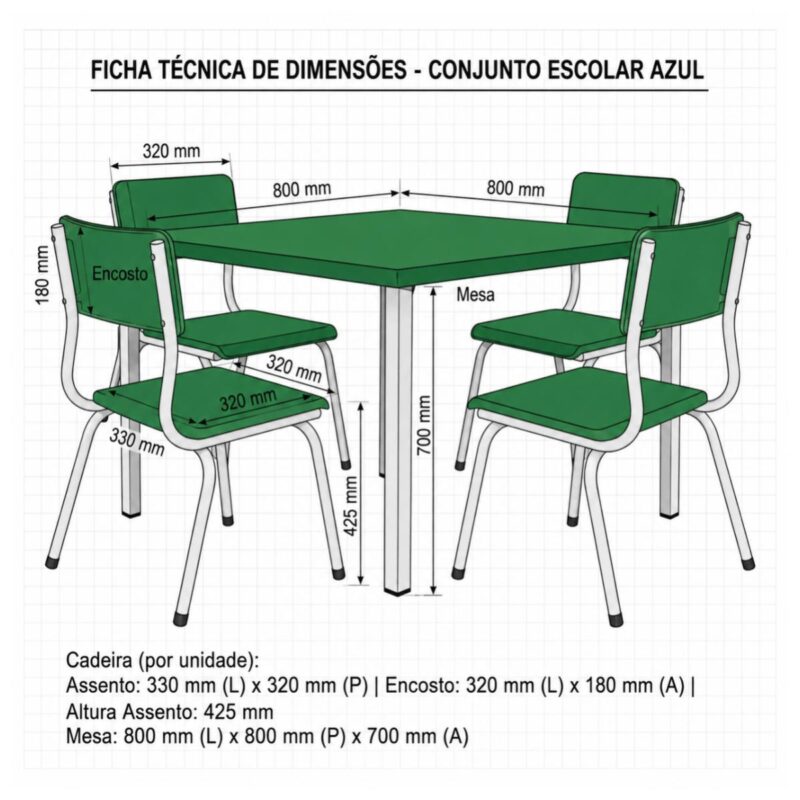 Conjunto Escolar Coletivo 6 a 10 anos com Mesa Quadrada e 4 Lugares