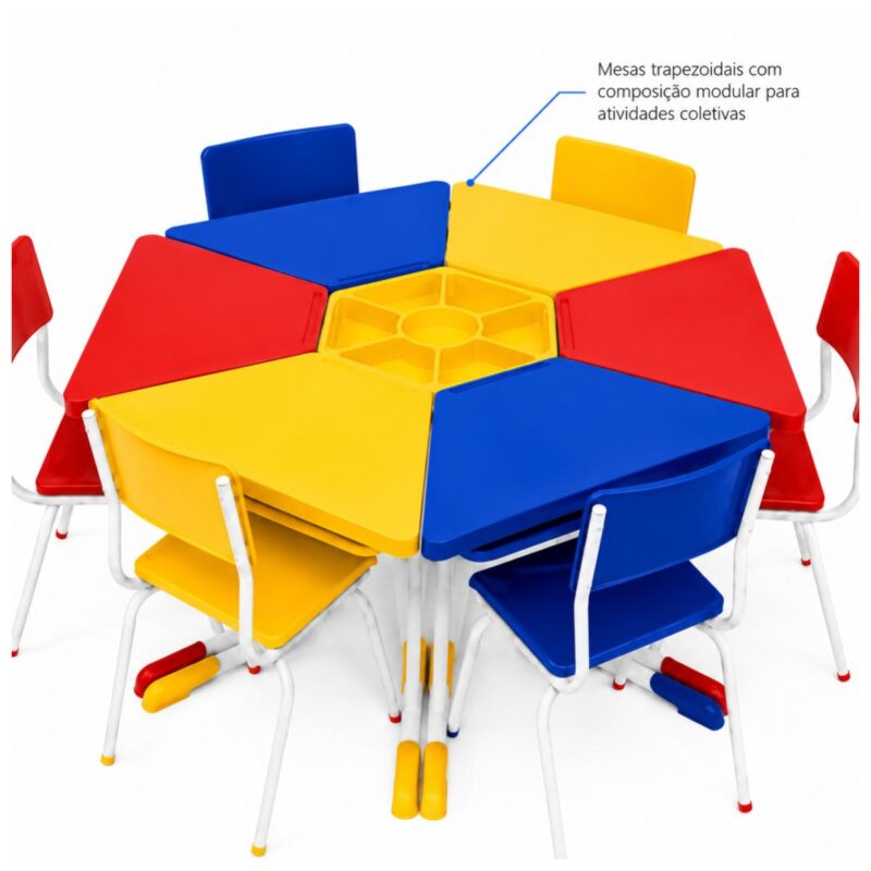 Conjunto Escolar Modular Juvenil com 6 Lugares e Mesas Trapezoidais