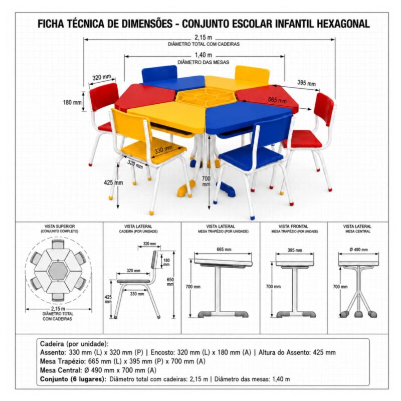 Conjunto Escolar Modular Juvenil com 6 Lugares e Mesas Trapezoidais