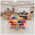 Conjunto Escolar Modular Juvenil com 6 Lugares e Mesas Trapezoidais