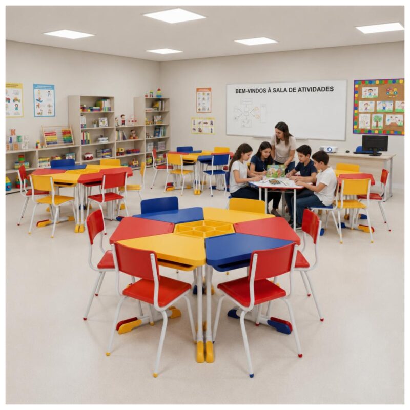 Conjunto Escolar Modular Juvenil com 6 Lugares e Mesas Trapezoidais