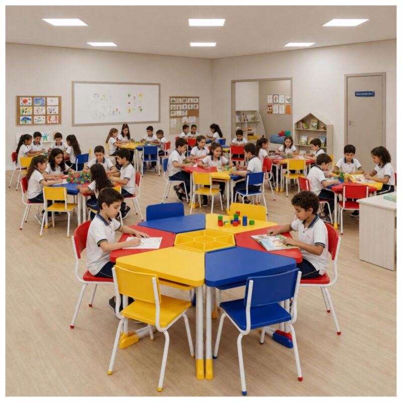 Conjunto Escolar Modular Juvenil com 6 Lugares e Mesas Trapezoidais