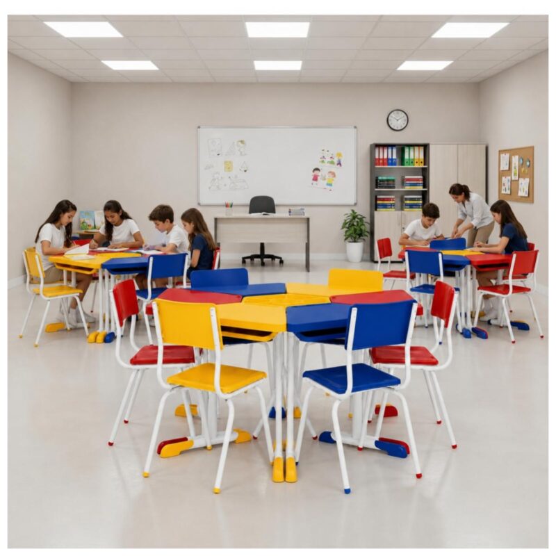 Conjunto Escolar Modular Juvenil com 6 Lugares e Mesas Trapezoidais