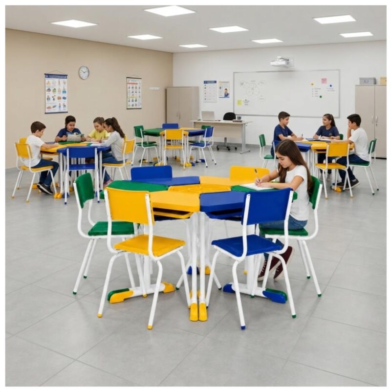 Conjunto Escolar Modular Juvenil com 6 Lugares e Mesas Trapezoidais