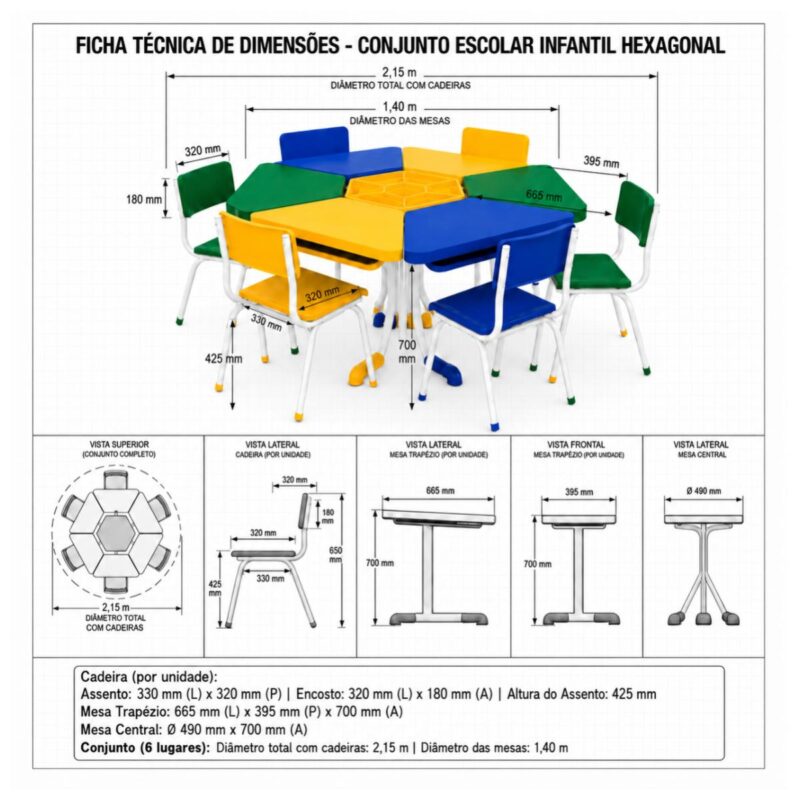 Conjunto Escolar Modular Juvenil com 6 Lugares e Mesas Trapezoidais
