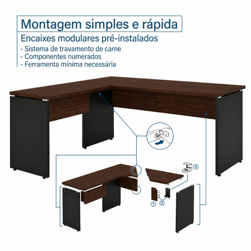 Mesa em L louro e preto com desenho de componentes separados, detalhes de encaixe e indicações do sistema de montagem.