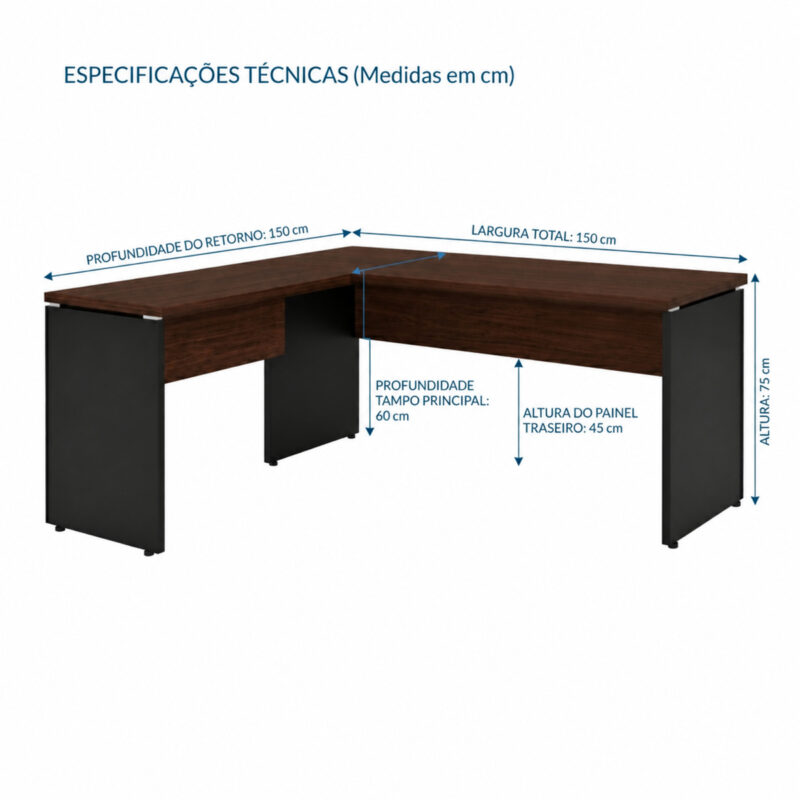 Mesa em L louro e preto com setas indicando largura total, retorno, profundidade do tampo e altura do conjunto.