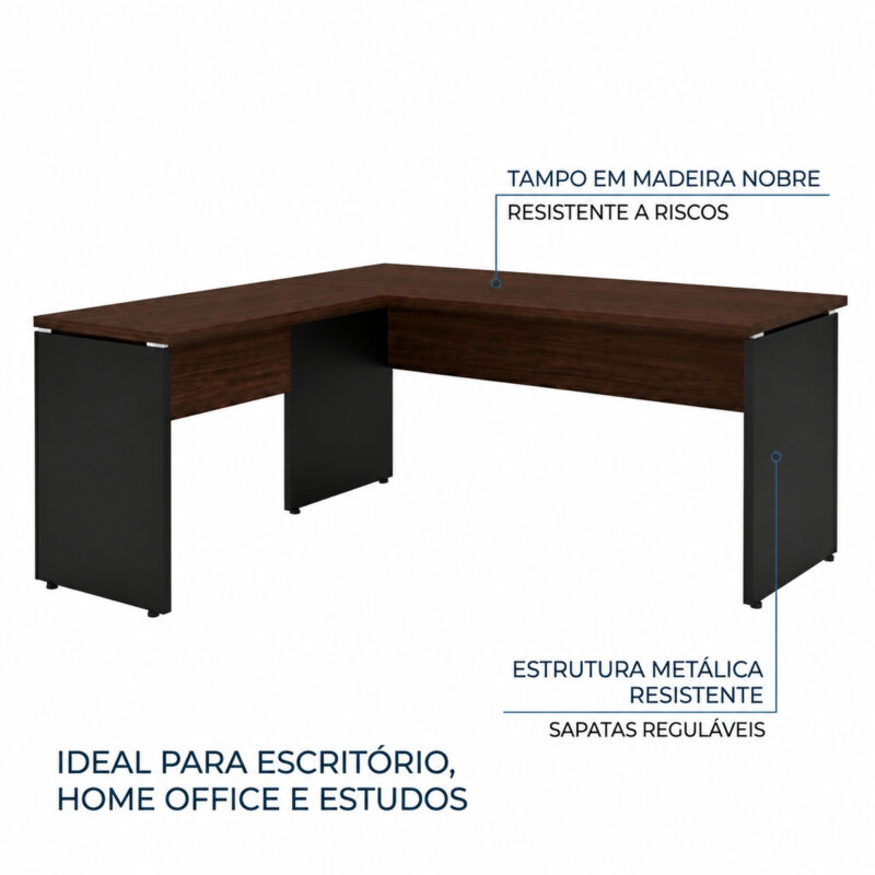 Mesa em L louro e preto com linhas apontando para o tampo amadeirado, o apoio lateral e as sapatas na base.