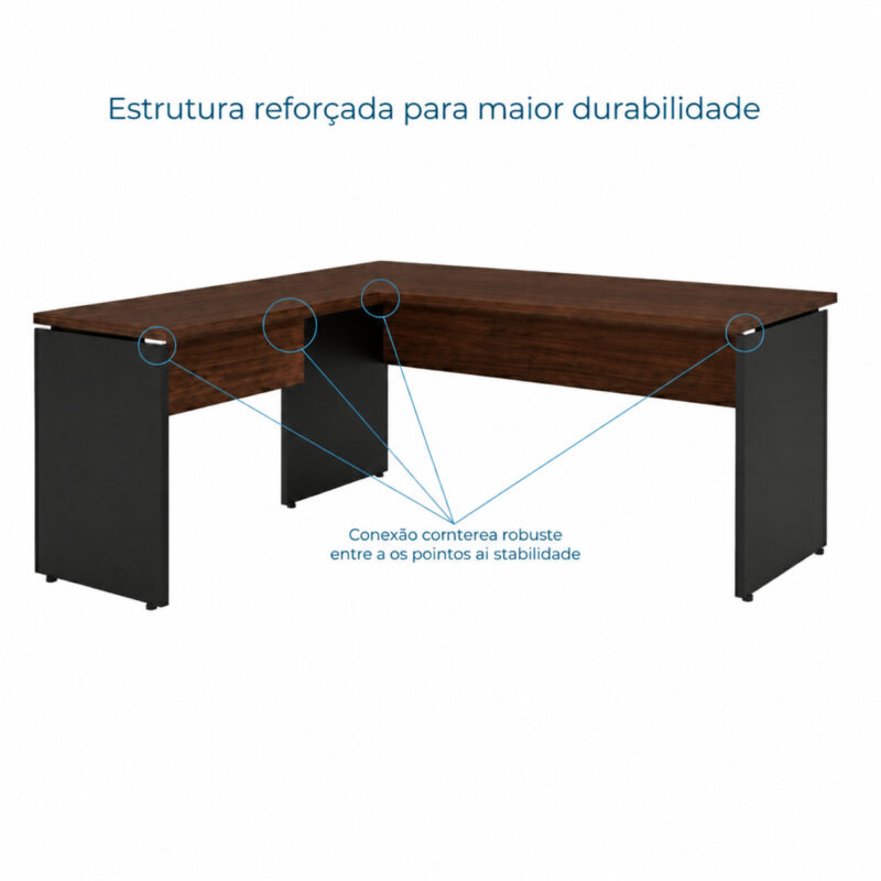 Mesa em L louro e preto com círculos e linhas azuis destacando conexões entre tampos, painéis e apoios laterais.