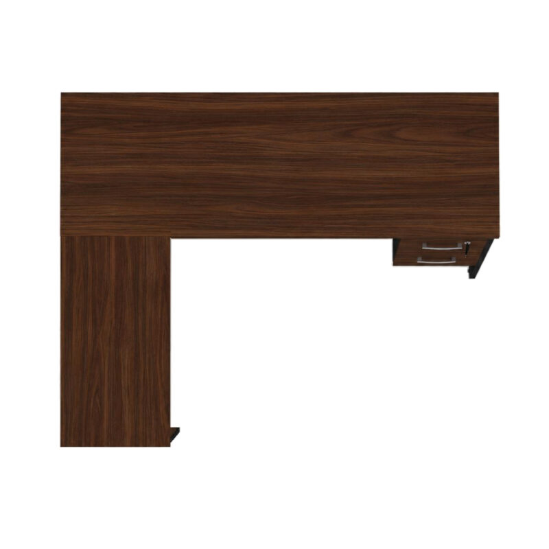 Vista superior da mesa em L com tampos Louro, mesa auxiliar perpendicular e parte do gaveteiro visível à direita.
