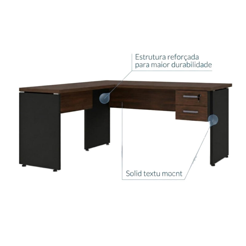 Mesa em L Louro e Preto com duas gavetas fechadas e marcações gráficas nos encontros da estrutura.