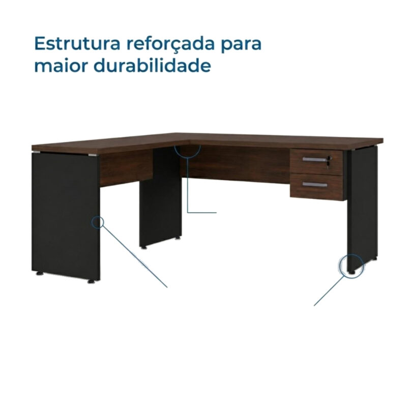 Mesa em L Louro e Preto acompanhada de linhas indicativas da estrutura sob os tampos e dos apoios laterais.