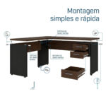 Ilustração de montagem da mesa em L Louro e Preto Diagrama de montagem da mesa em L Louro e Preto com componentes destacados, indicações de encaixe e gaveta separada.