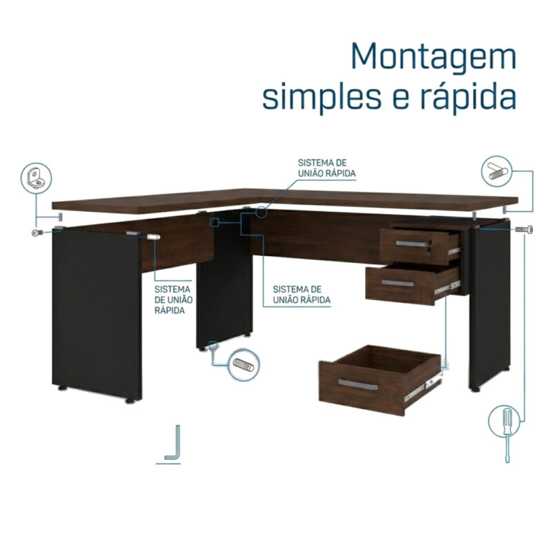Diagrama de montagem da mesa em L Louro e Preto com componentes destacados, indicações de encaixe e gaveta separada.