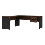 Mesa em L com gaveteiro aberto na perspectiva oposta Mesa em L Louro e Preto com mesa auxiliar à esquerda e duas gavetas abertas no gaveteiro à direita.