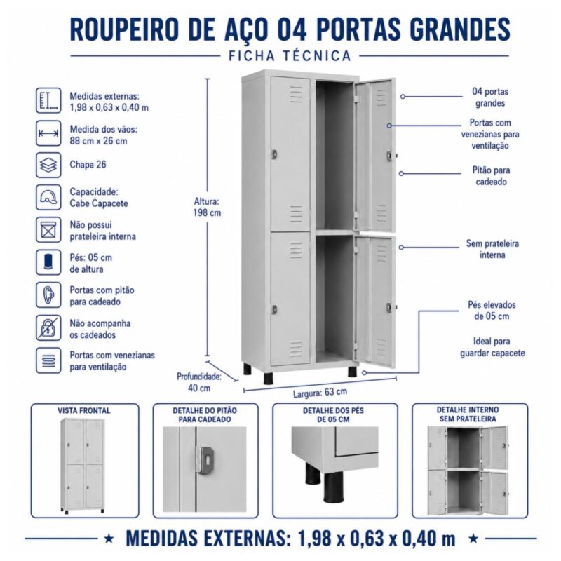 Roupeiro de Aço 4 Portas com Pitão para Cadeado